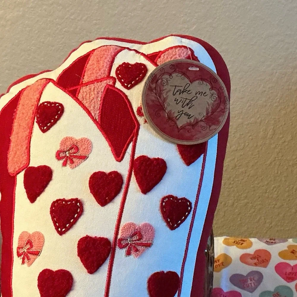 Large Red and White Heart Cowboy Boots Pillow with Embossed Designs